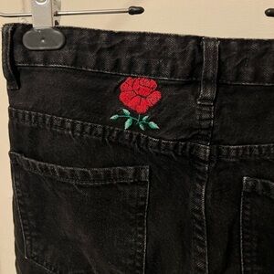 ZARA charcoal washed black jeans with rose embroidery detail all over